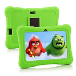 Green tablet with Angry Birds characters on screen and matching green case.