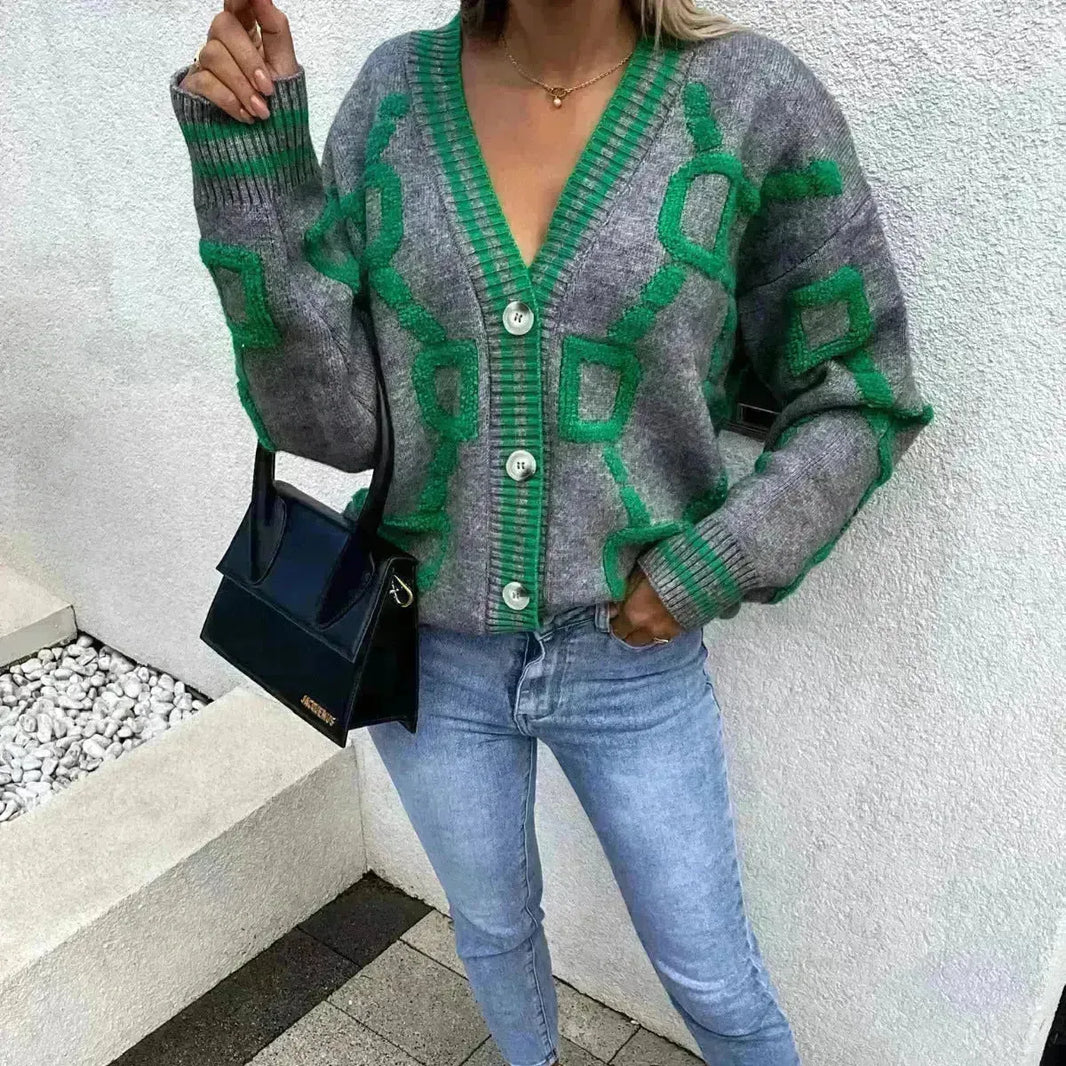 Batwing Sleeves V-neck Knitted Button Jacket Cashmere Cardigan Sweater Women