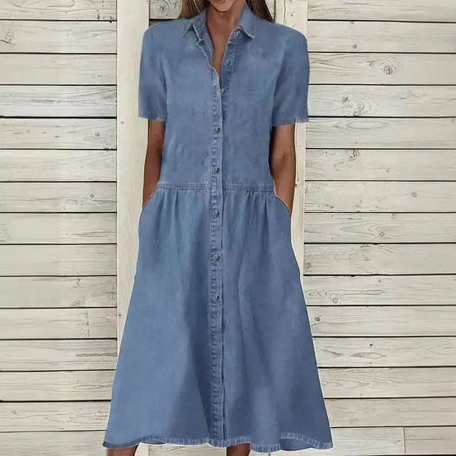 Women's European And American Lapel Casual loose button down Midi Denim jeans Mum Dress - EX-STOCK CANADA