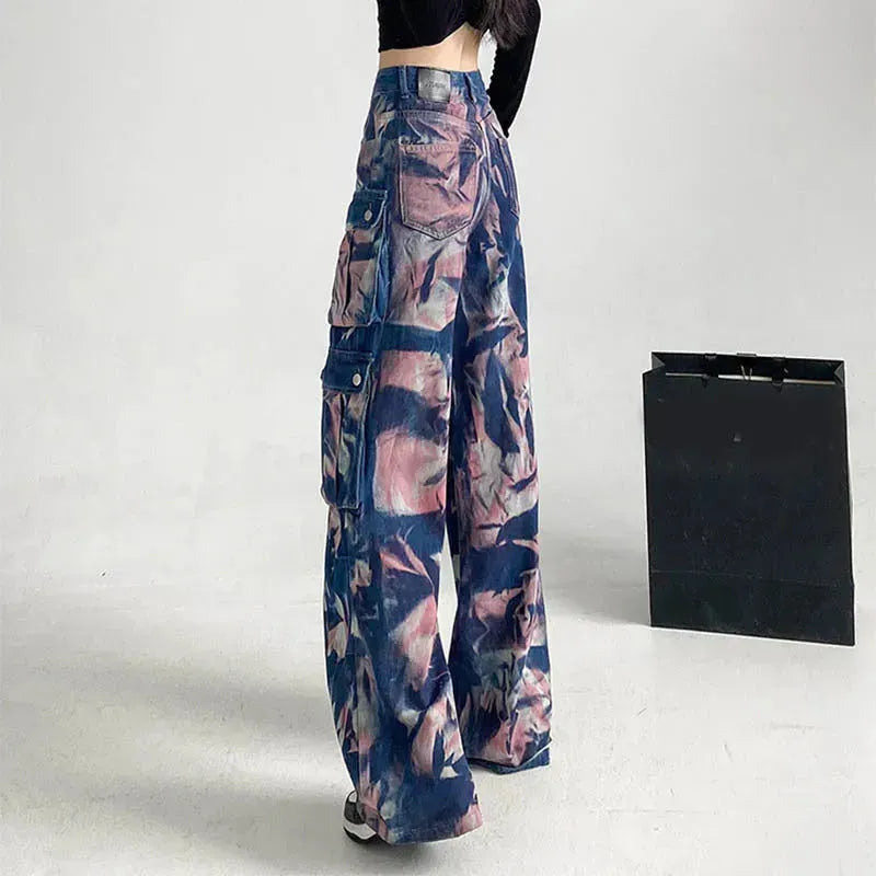 New Tie-dye Baggy CargoTrousers With Pockets Y2K Fashion High Waist Loose Wide Leg Pants Spring And Autumn - EX-STOCK CANADA