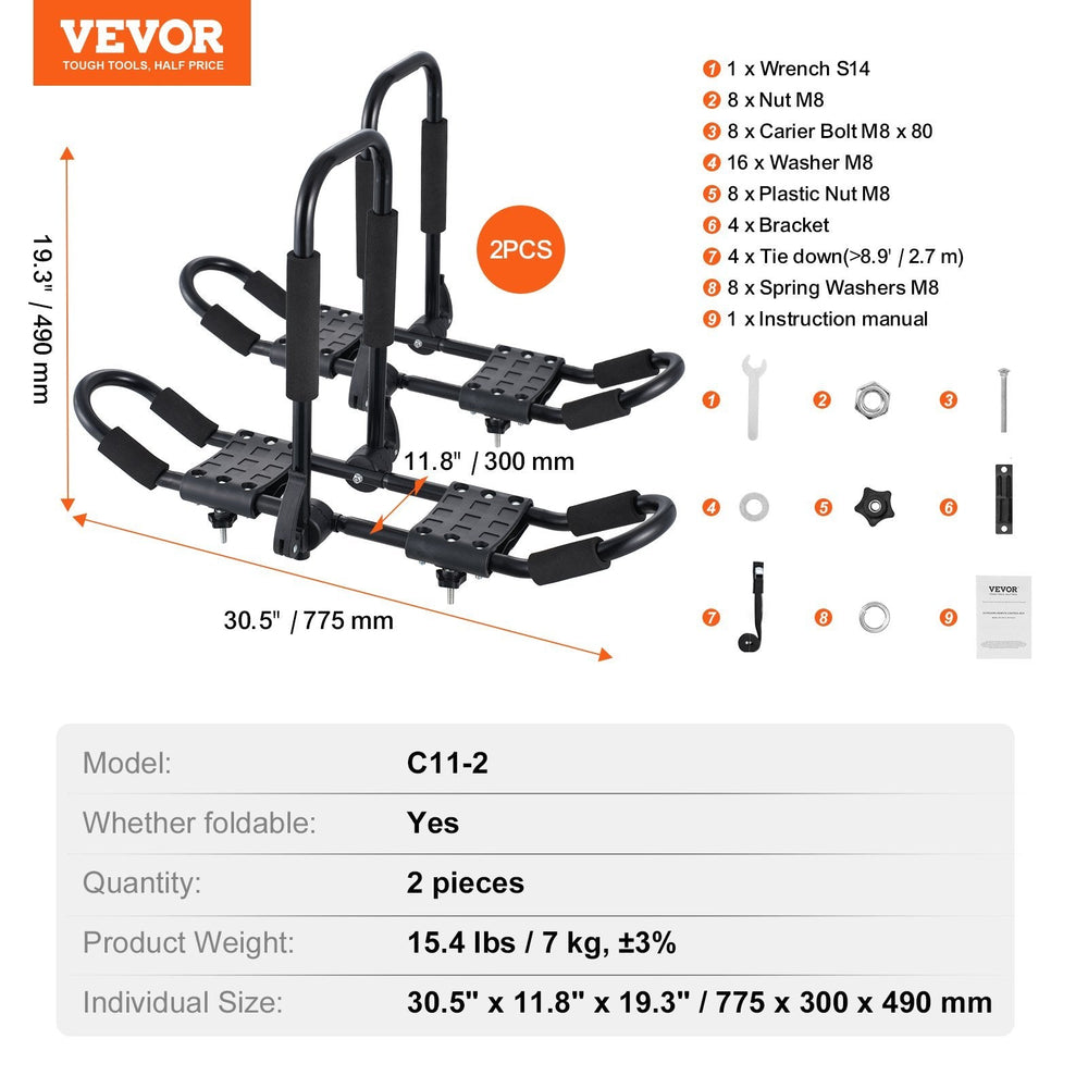 Kayak Roof Rack 1 Pair J-Bar, Soft Roof Rack, Top Mount Tie Down, Carrier For Kayak, Surf Board, Canoe, SUP, Ski Board, Mount On Car, SUV, Truck, 2 Kayaks EX-STOCK
