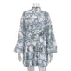Ink Print Long Sleeve Floral Short Mini Skater Dress With Fashion Puffy Sleeve Lapel Tie A-Line Dress Clothing - EX-STOCK CANADA