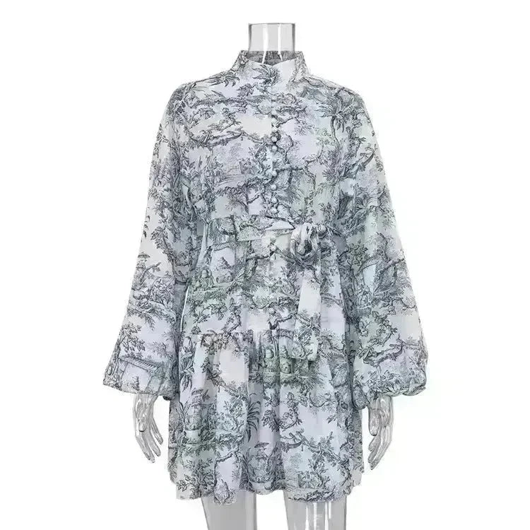 Ink Print Long Sleeve Floral Short Mini Skater Dress With Fashion Puffy Sleeve Lapel Tie A-Line Dress Clothing - EX-STOCK CANADA