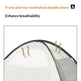 Promotional graphic for a tent showing the front and rear double ventilation doors with text reading 'Front and rear ventilation double doors' and 'Enhance breathability,' plus simple airflow arrows over a close-up of the tent opening.