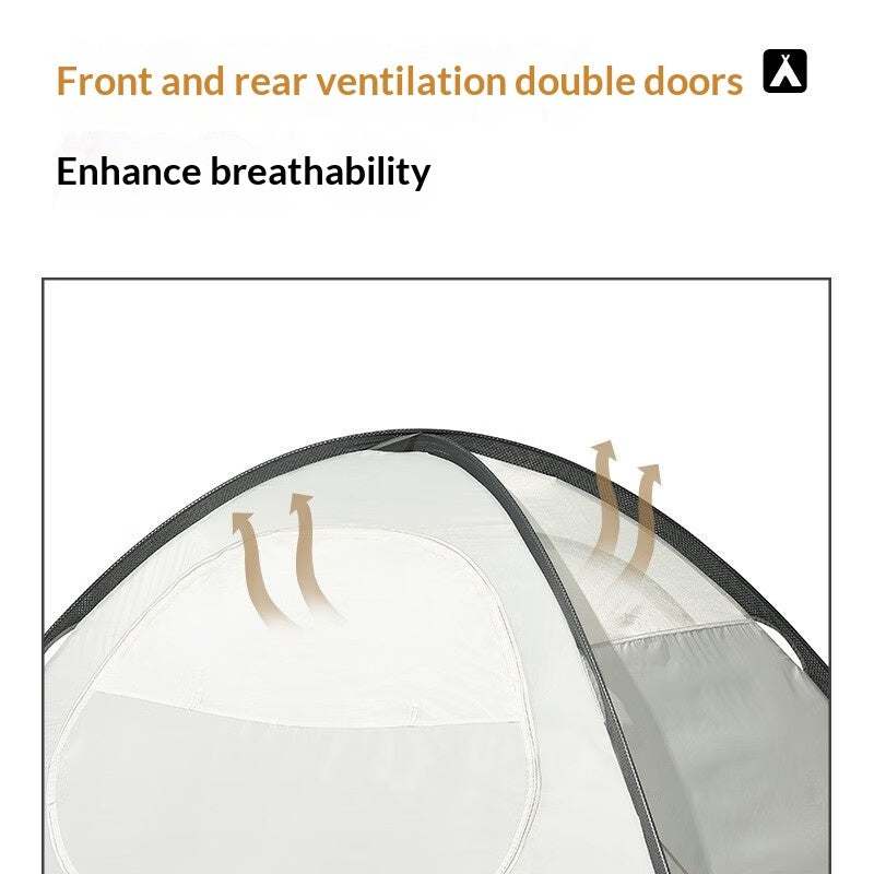 Promotional graphic for a tent showing the front and rear double ventilation doors with text reading 'Front and rear ventilation double doors' and 'Enhance breathability,' plus simple airflow arrows over a close-up of the tent opening.