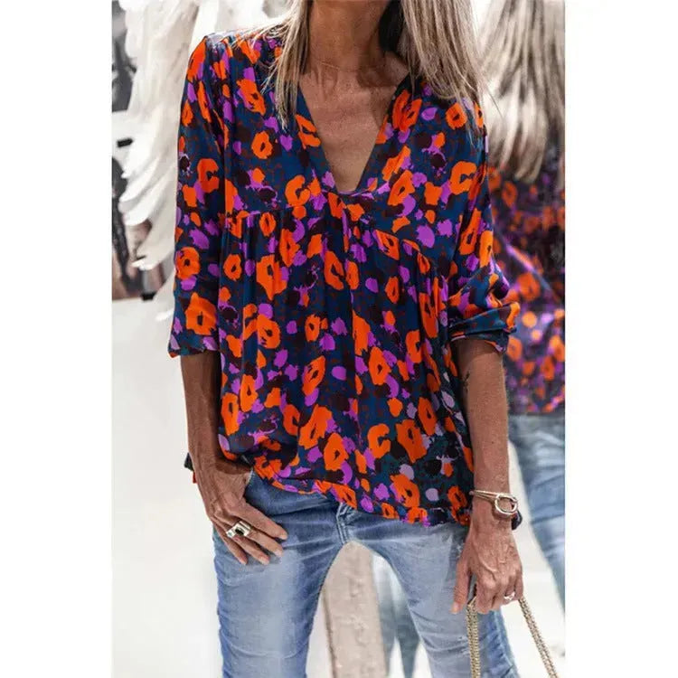 Women Casual Spring Summer New Style Blouse top Printing V-Neck Long-Sleeved - EX-STOCK CANADA