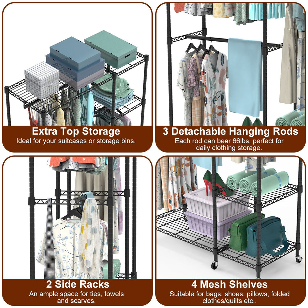 1Pc 4 Tier Heavy Duty Garment Rack With Wheels Carbon Steel Clothing Rack Portable Wardrobe Clothes Rack With 3 Hanging Rods 6 Footrests 44.9x17.13x77.95in EX-STOCK