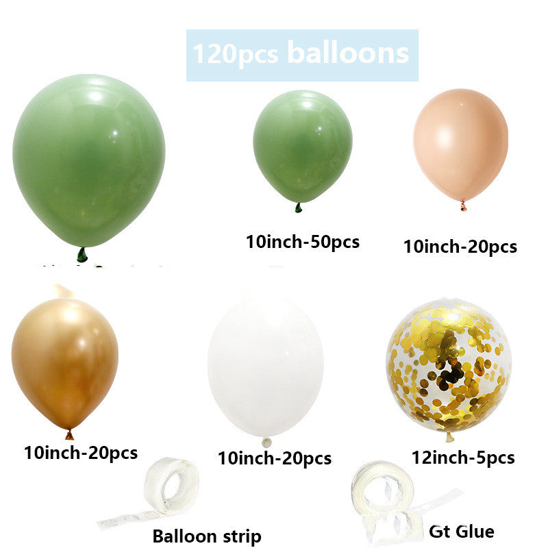 Assorted balloons including green, gold, white, and a balloon strip with glue on a white background.