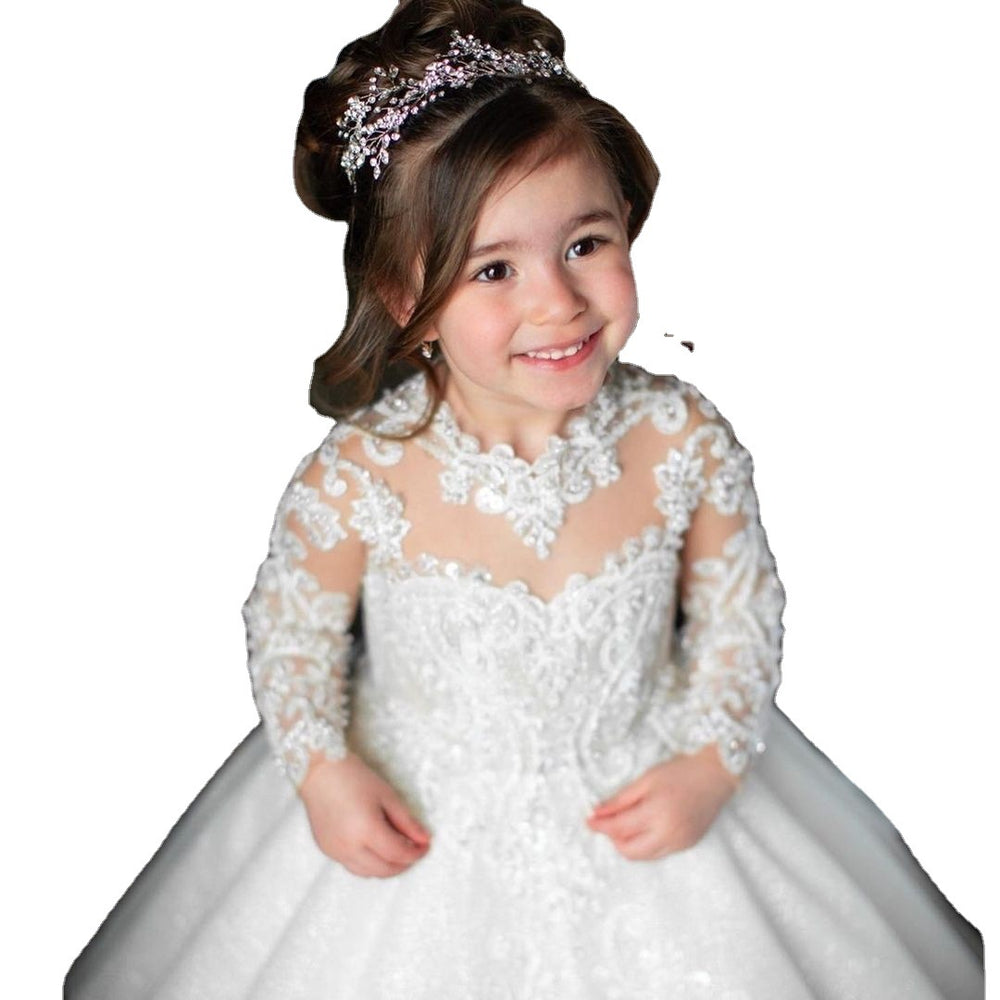 Girls' Flower Girl Princess Dress – Ivory White Lace Tulle Ball Gown (80–160cm)