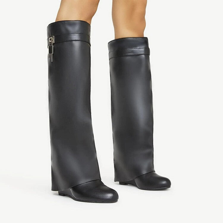 Women's Shark-Lock Fold-Over Knee-High Wedge Boots | Metal Lock Detail | Sizes 35–43
