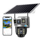 Solar-powered security camera with smartphone app interface on a white background