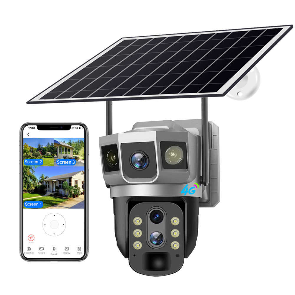 Solar-powered security camera with smartphone app interface on a white background