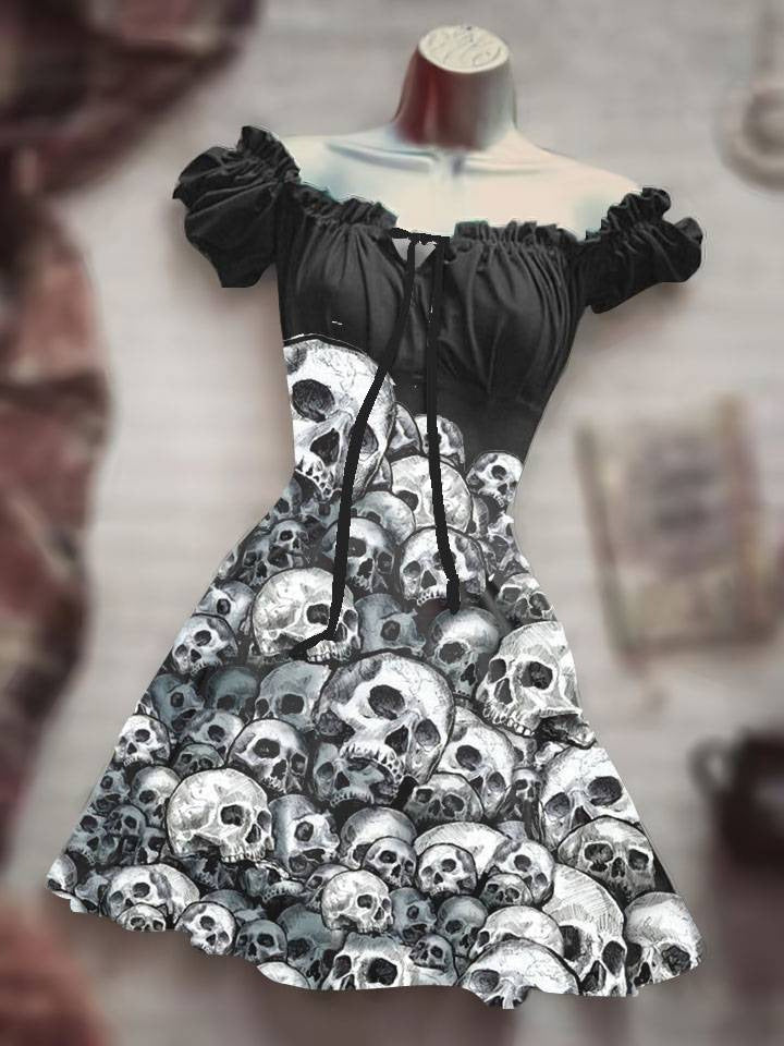 Halloween 3D Skull Print Women's Short Sleeve A- Line Skirt EX-STOCK