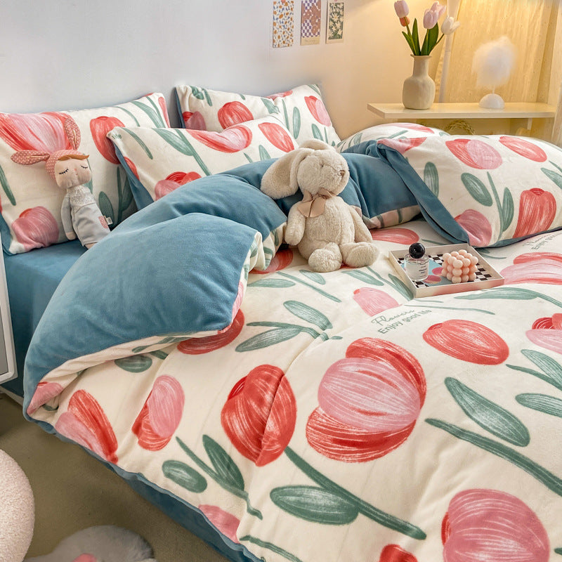 Winter Thickened Milk Fleece Bed Four-piece Coral Flannel Duvet Cover EX-STOCK Canada 
