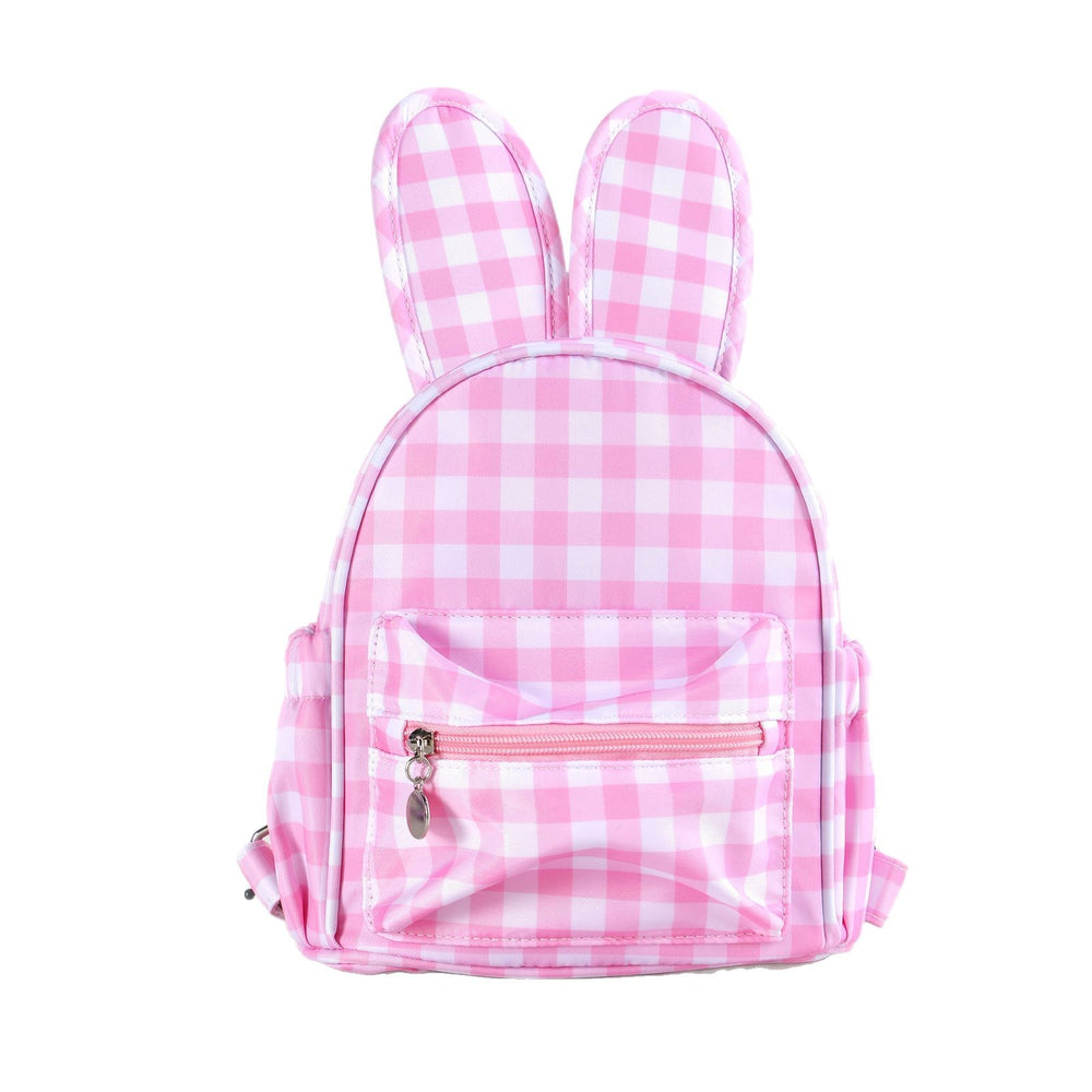 A pink and white gingham check backpack with bunny ears on top, featuring a front zippered pocket, photographed against a solid white background.