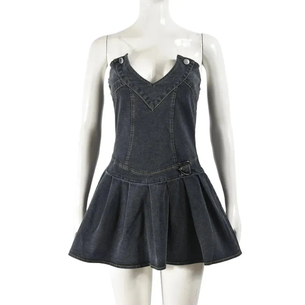 Hot Girl French Pleated V-neck Denim  Tube top Dress - EX-STOCK CANADA