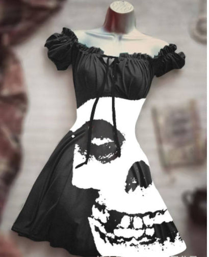 Halloween 3D Skull Print Women's Short Sleeve A- Line Skirt EX-STOCK