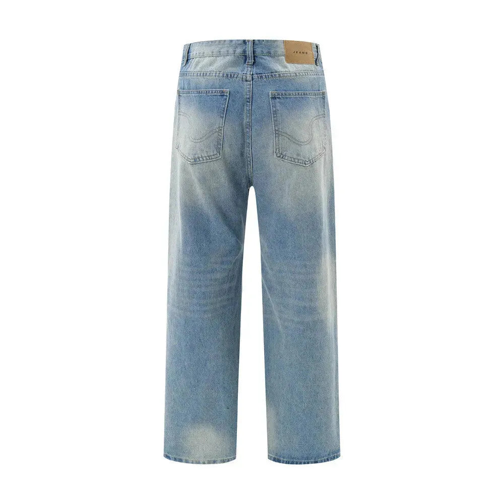American Retro Wash Gradient Spray Painting Denim Trousers Men Jeans