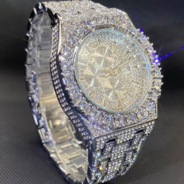 Men's Iced Out Diamond Rhinestone Watch – Luxury Hip Hop Quartz Wristwatch