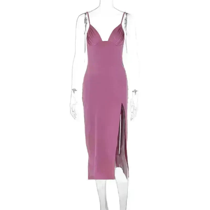 Spaghetti Strap Dress With Split Design Deep V-neck Sleeveless Backless Bodycon Satin  Evening Party Wedding Cocktail Dresses For Womens Clothing - EX-STOCK CANADA