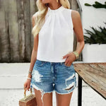 Fashion Sleeveless Top Summer Elegant Pleated  Halter Neck Top for Women Classy High Neck Top - EX-STOCK CANADA