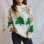 Women's Fashion Christmas Tree Jacquard Round Neck Long Sleeve Pullover Sweater top