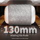 A cylindrical product with a textured gray center and white sides, shown in a stylized promotional graphic with large text reading '130mm' and 'Widening Flat Profile' on a dark background with warm orange lighting accents.
