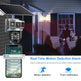 Outdoor security camera with solar panel and smartphone app showing motion detection alerts, used for home security.
