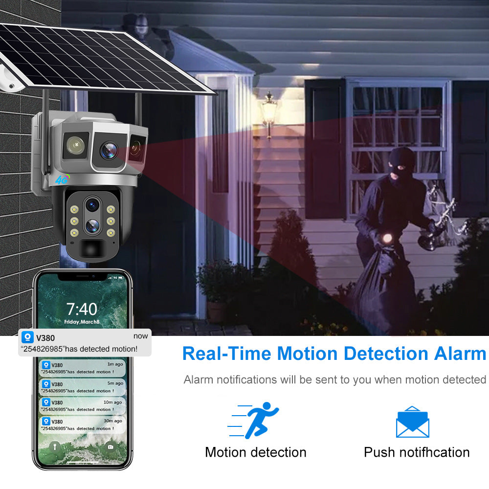 Outdoor security camera with solar panel and smartphone app showing motion detection alerts, used for home security.