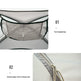 Product detail graphic showing two features of a light gray tent: a top-hanging mesh bag labeled '01' and a close-up of a double zipper with drawcord labeled '02'. Text at the top reads 'Know Me More'.