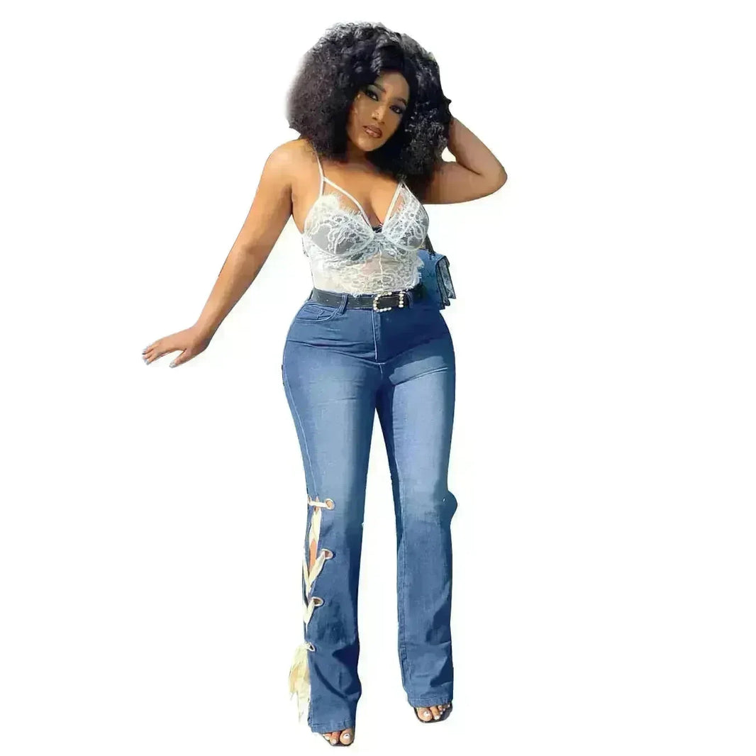 Solid Color Jeans Lace Up Bootcut Trousers - EX-STOCK CANADA