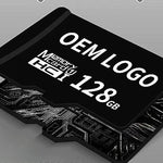 Black memory card with 'OEM LOGO' and '128GB' text on a gray background