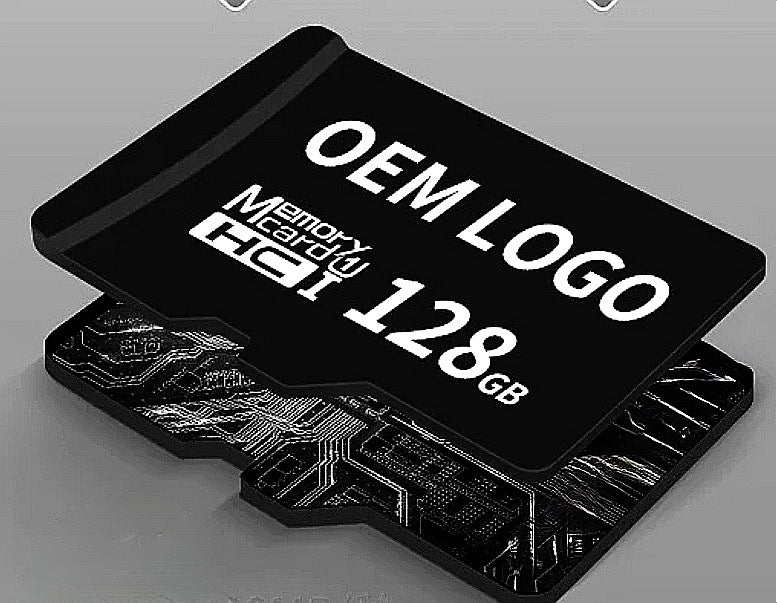 Black memory card with 'OEM LOGO' and '128GB' text on a gray background