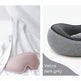 A split-panel product image showing a travel neck pillow and matching sleep mask. The left panel shows the pink sleep mask resting on white bedding.