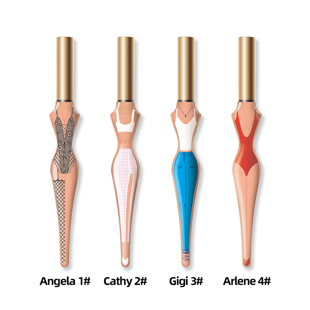 Four cosmetic applicators with different designs and color patterns on a white background.
