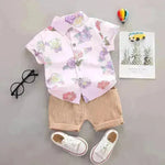 Summer  Flower Lapel Shirt Two-piece Set for boys Short sleeve shirt and short pant