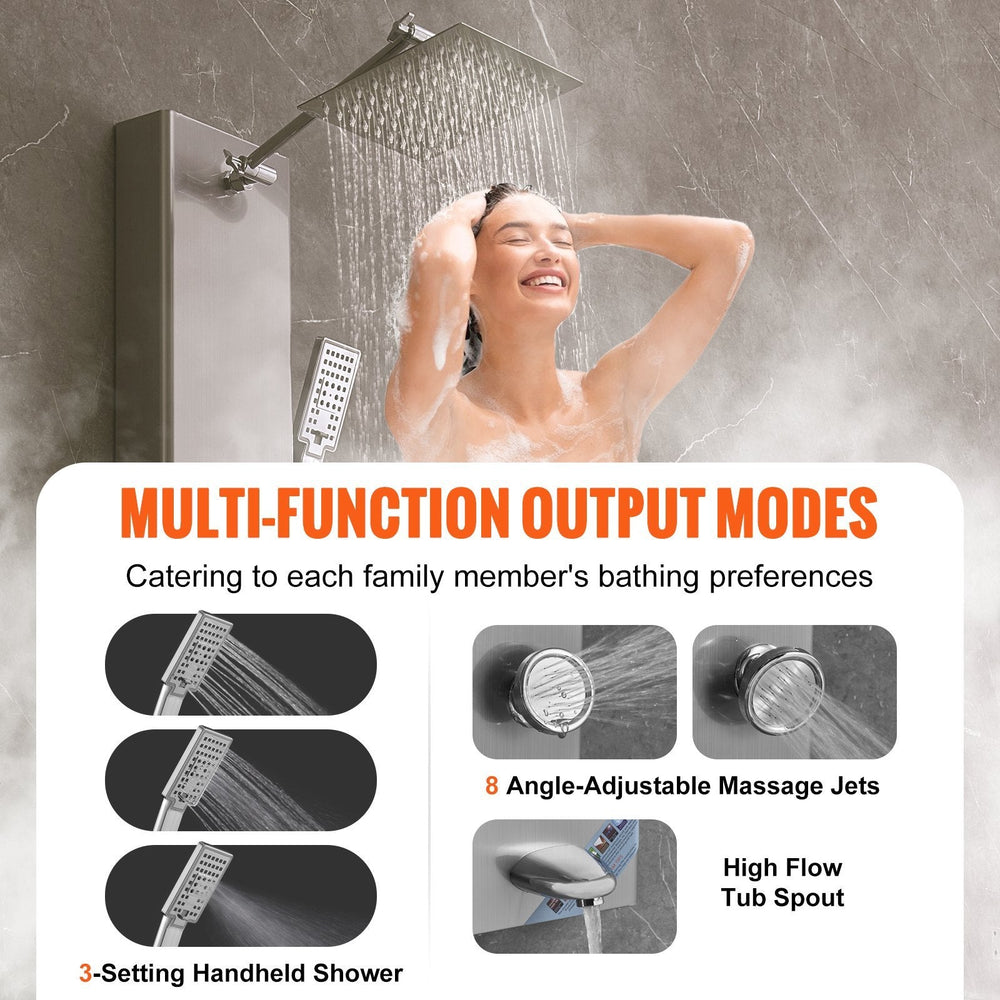 Shower Panel System, 5 Shower Modes, Digital Display Shower Panel Tower, Rainfall, 8 Massage Jets, Tub Spout, 3-Setting Handheld Shower Head 59 Hose, Stainless Steel Wall-Mounted Shower Set EX-STOCK
