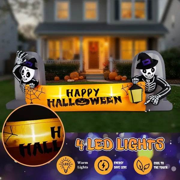9.6FT Large Halloween Inflatable Decorations Skeleton Tombstone Banner, Outdoor Decorations Blow Up Yard Decor With Built-in LEDs For Halloween Holiday Party Outdoor Garden Yard Lawn Decor EX-STOCK