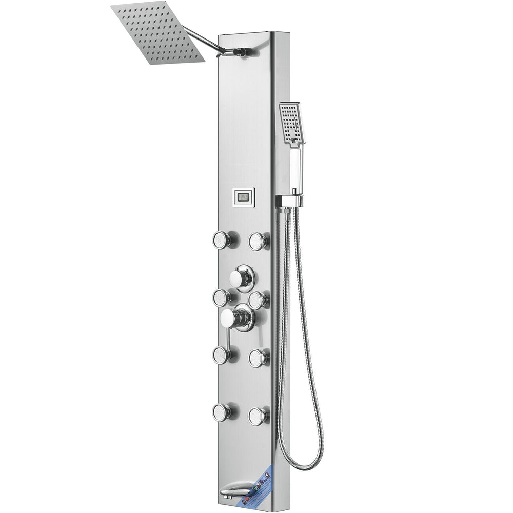 Shower Panel System, 5 Shower Modes, Digital Display Shower Panel Tower, Rainfall, 8 Massage Jets, Tub Spout, 3-Setting Handheld Shower Head 59 Hose, Stainless Steel Wall-Mounted Shower Set EX-STOCK