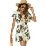 Dolman Sleeves Dress Summer Printed Drawstring V-Neck Beach Dresses For Women - EX-STOCK CANADA