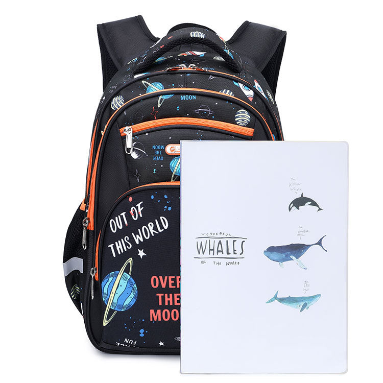 Backpack with space-themed design and a book about whales on a white background