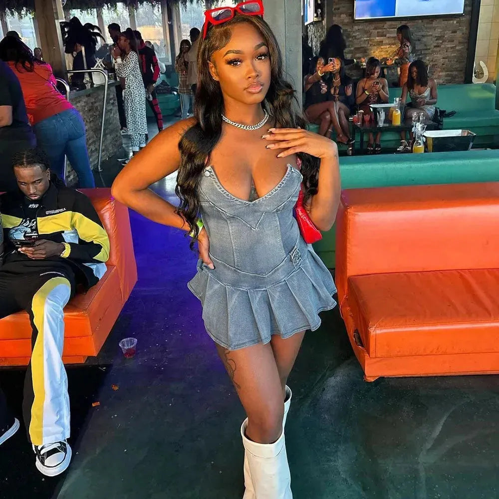 Hot Girl French Pleated V-neck Denim  Tube top Dress - EX-STOCK CANADA