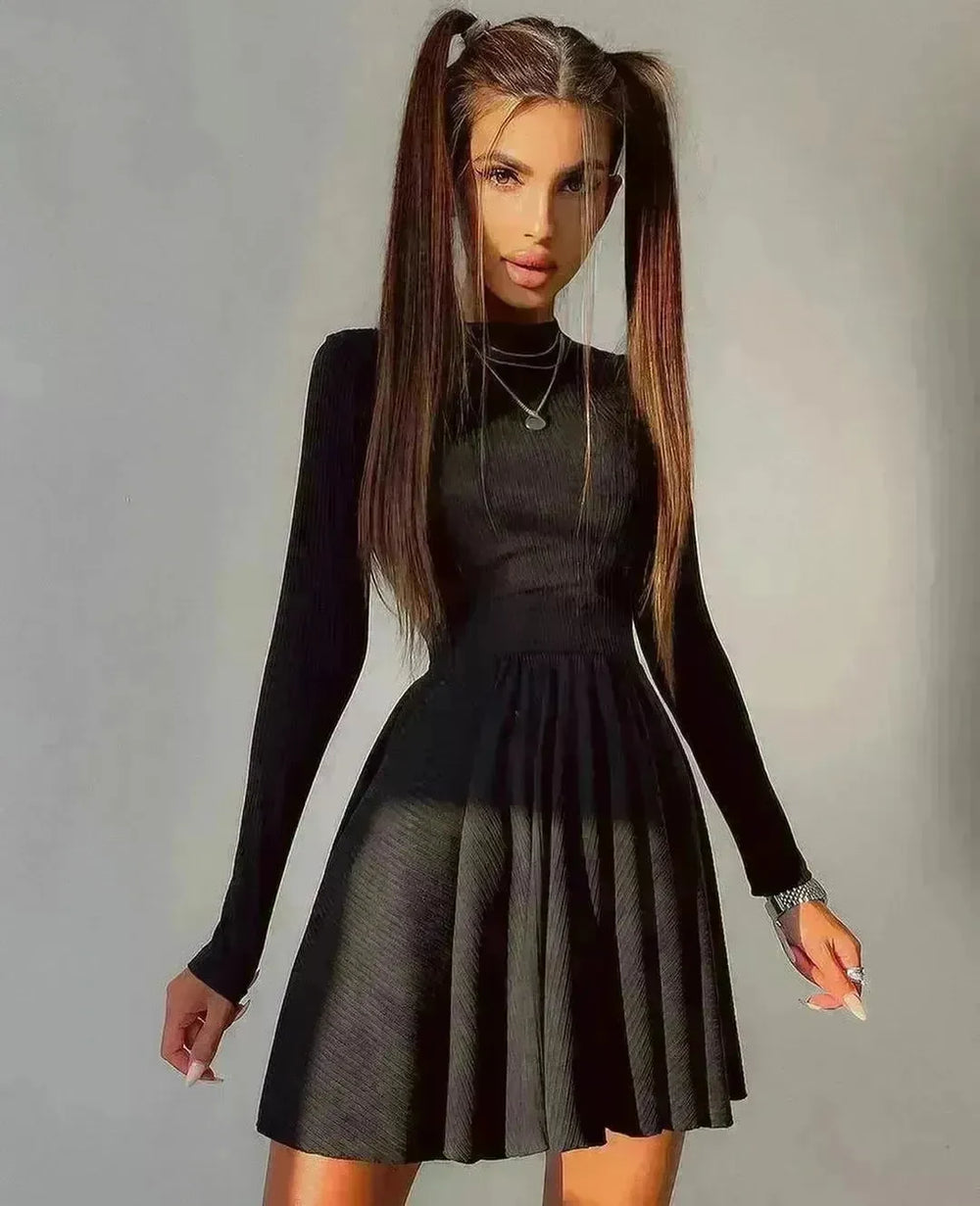 Y2K Long-sleeved Party Club Dress Solid Color Round Neck A-line Mini Skater Dress - EX-STOCK CANADA