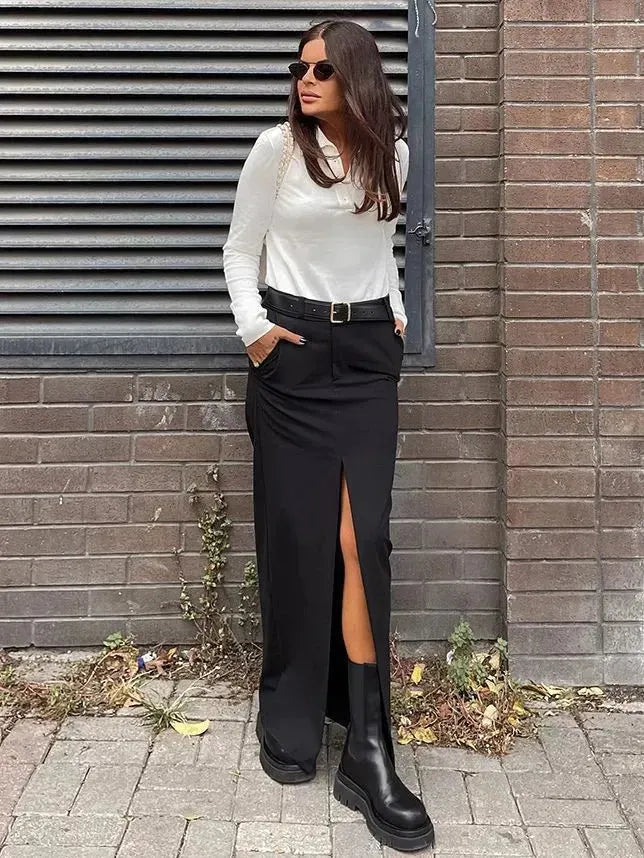 Women's Retro Casual Black High Waist Long front Split Skirt - EX-STOCK CANADA