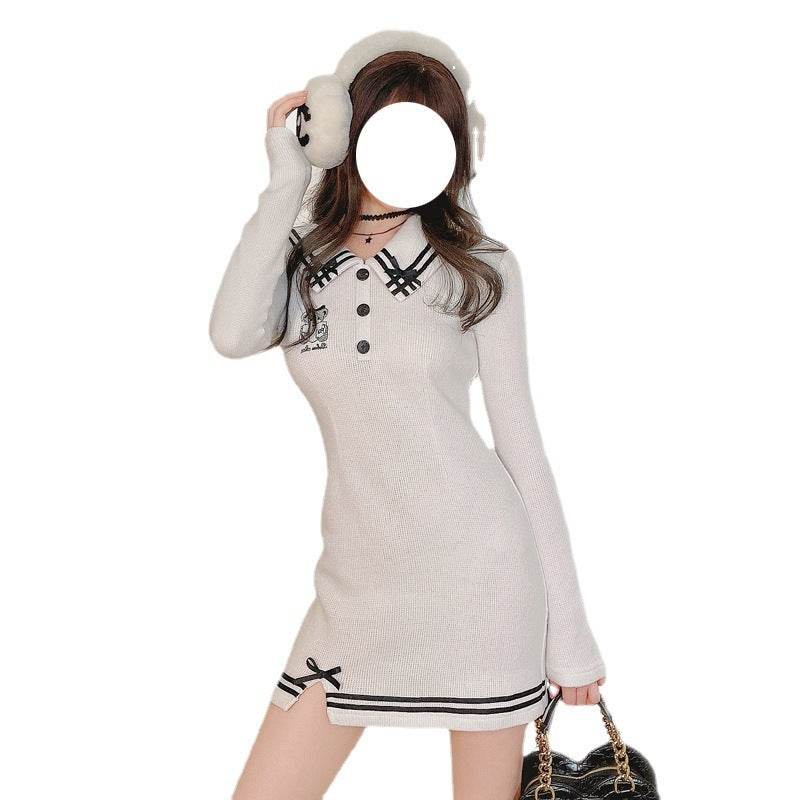 Women's Navy Neck Embroidered Thermal Wool Knit Slim Fit Dress - EX-STOCK Canada