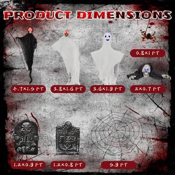 Outdoor Halloween Decorations 8-Piece Set, Hanging Ghosts Decor And Cobweb And Gravestone With Lighted Up Eyes, Scary Swinging Ghost Flying For Yard Patio Lawn Garden EX-STOCK