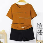 Striped Printed Round Neck Pullover T-shirt Shorts Suit