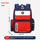 Red and blue backpack with measurements on a white background