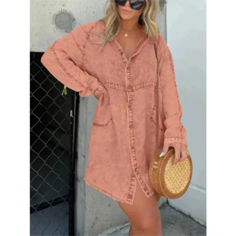 Women's Denim Washed Loose Shirt Dress - EX-STOCK CANADA