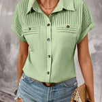 Lapel Shoulder Pleated Pocket Short Sleeve Top Shirt T-shirt Women - EX-STOCK CANADA